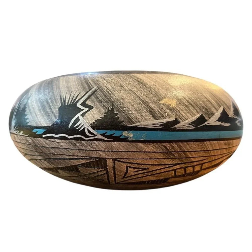 Navajo Pottery End Of The Trail Indian on Horse Mountains Black Turquoise Pot